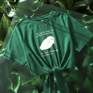 Shein Cartoon & Slogan Graphic Tee, Dark Green Tie Front Shirt New Medium